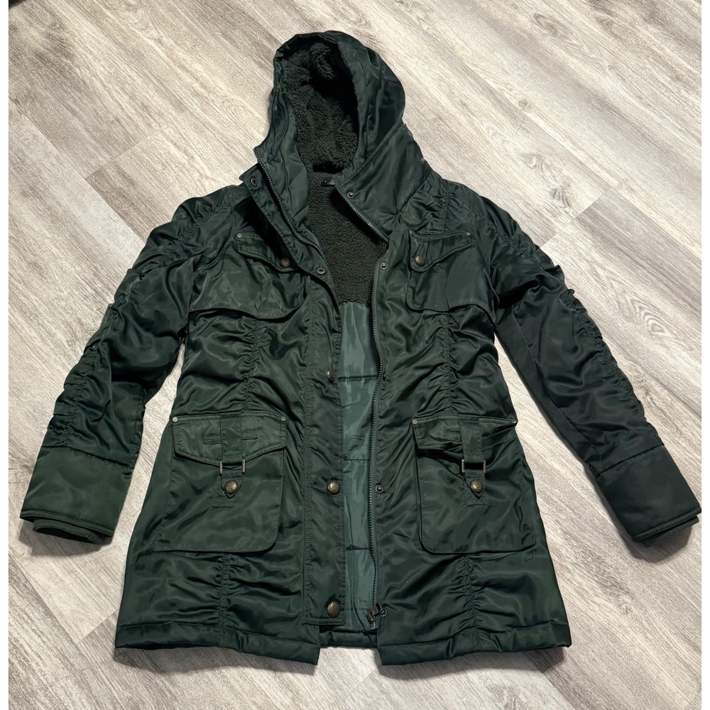 Steve Madden Women Dark Green Ruched Hooded Utility Jacket‎ Warm Lined